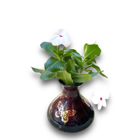 Butterfly Pottery Bud Vase in Black & Burgundy Glaze with 18k Genuine Gold - Picture 3 of 10